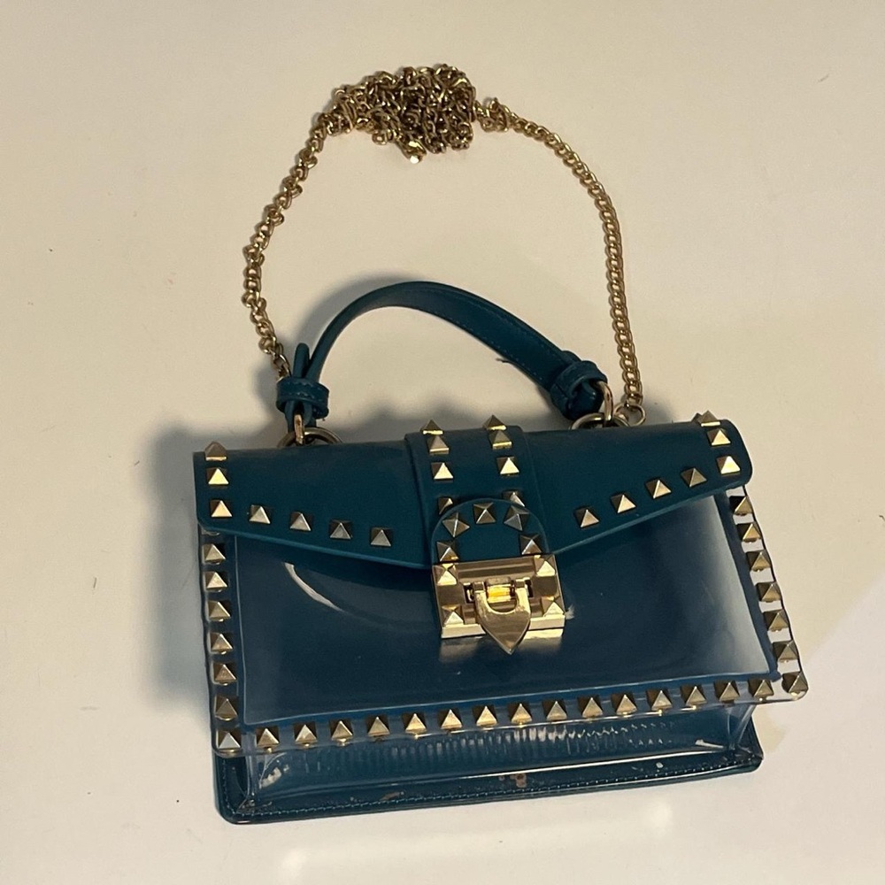 Studded Teal Handbag with Gold Chain